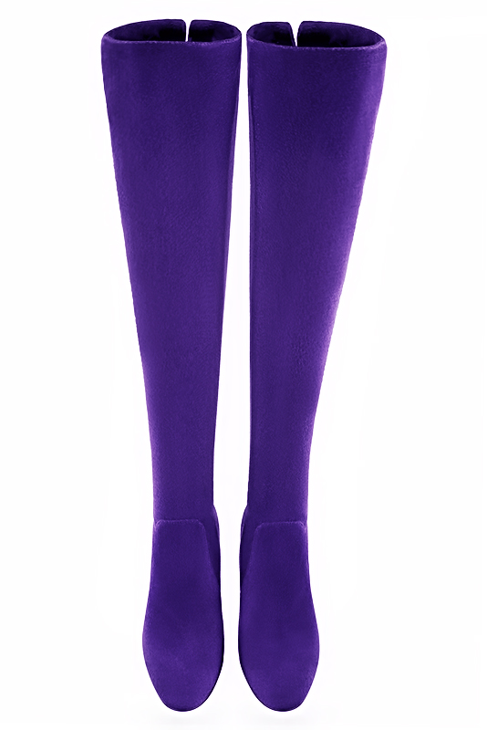 Violet purple women's leather thigh-high boots. Round toe. High block heels. Made to measure. Top view - Florence KOOIJMAN